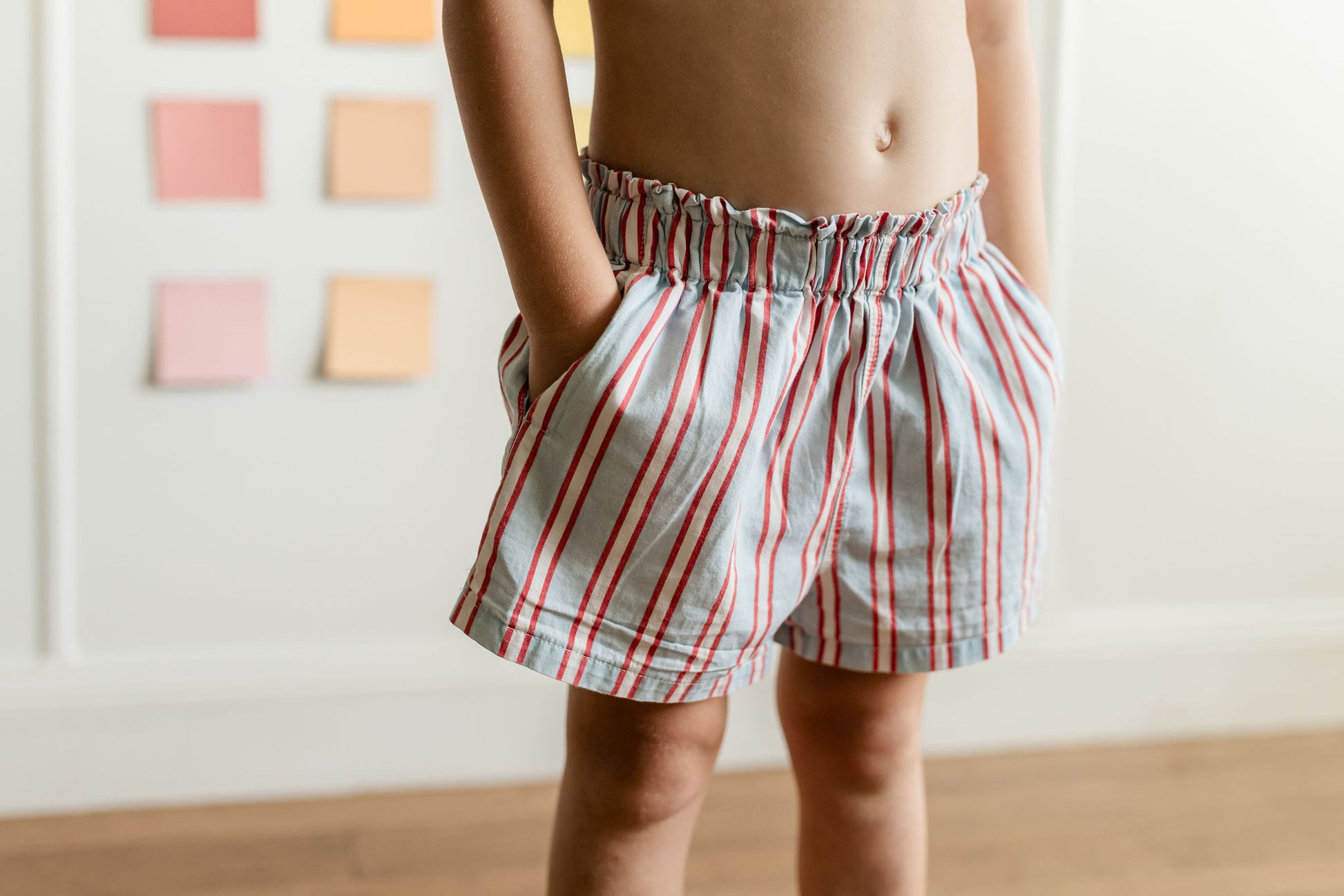 Red and Blue toddler boys striped shorts, adjustable waistband, functional pockets